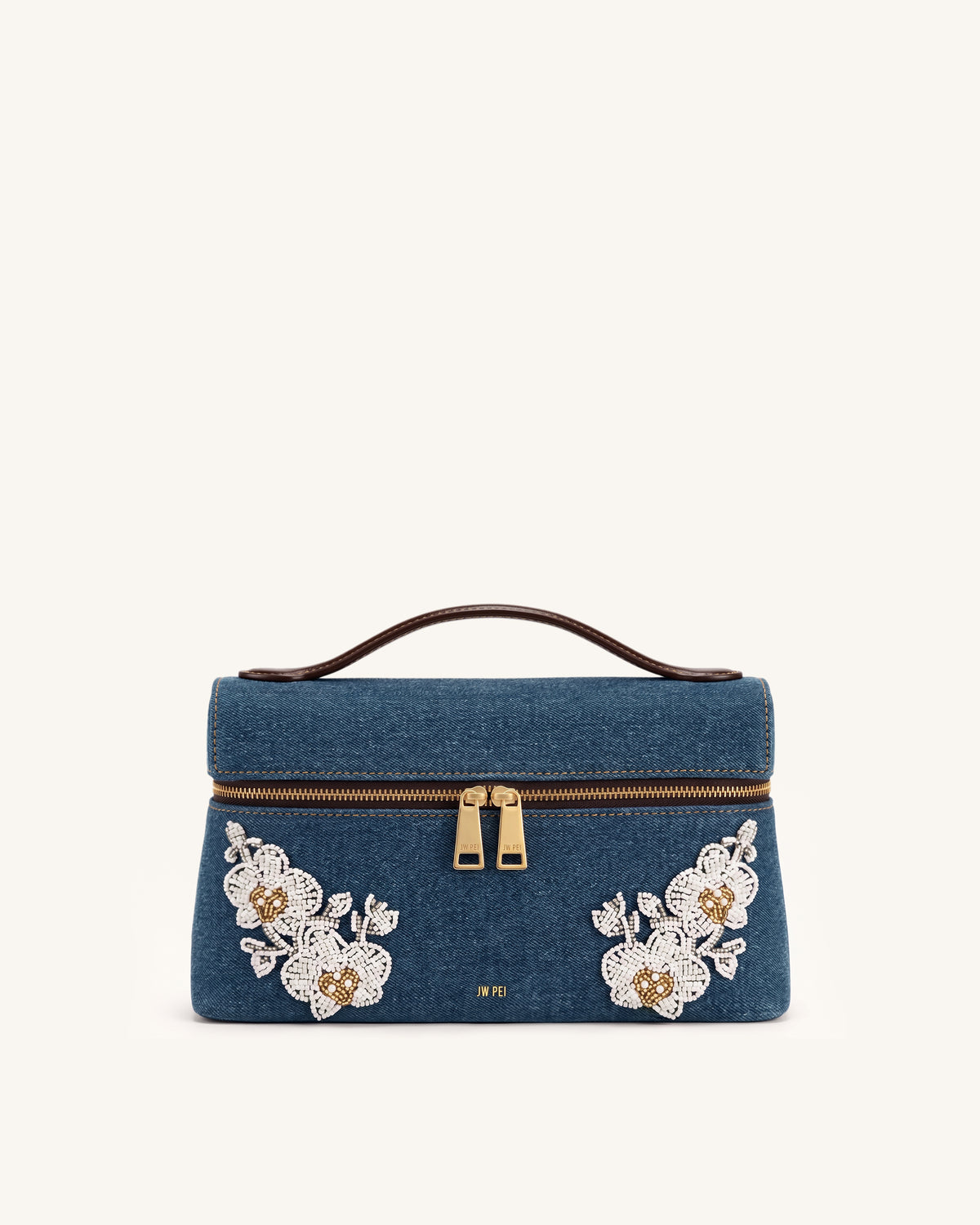 Thea Beaded Floral Top Handle Bag - Dark Blue Denim