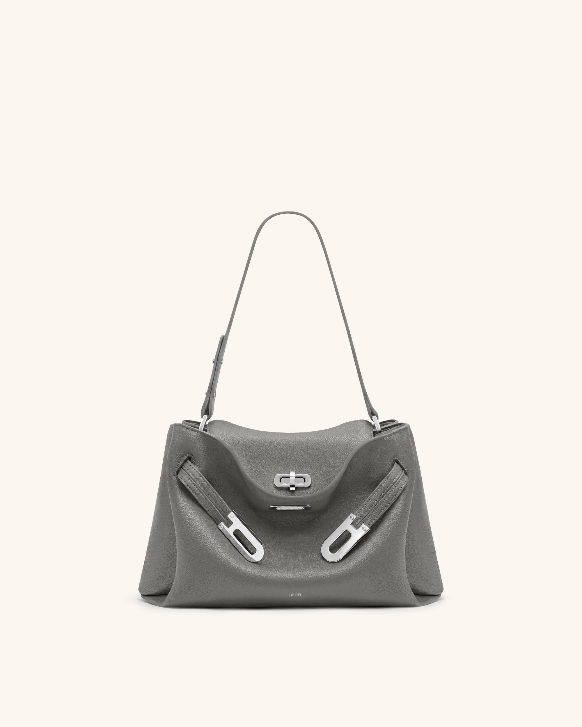 Rhea Pebbled Double Buckle Shoulder Bag - Cool Grey