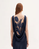Tulip Appliqué Cowl-Back Satin Column Maxi Dress - Navy Blue
