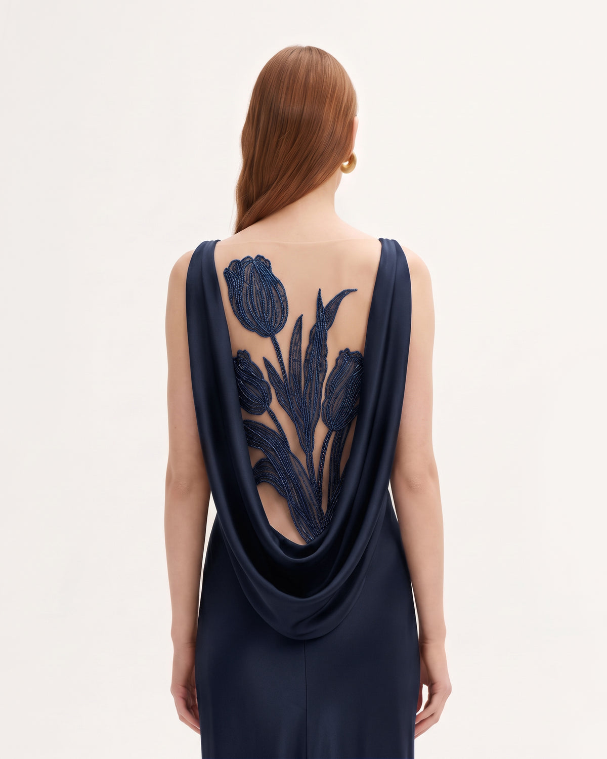 Tulip Appliqué Cowl-Back Satin Column Maxi Dress - Navy Blue
