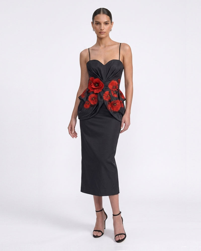 Corn Poppy 3D Floral Print Peplum Midi Dress - Black