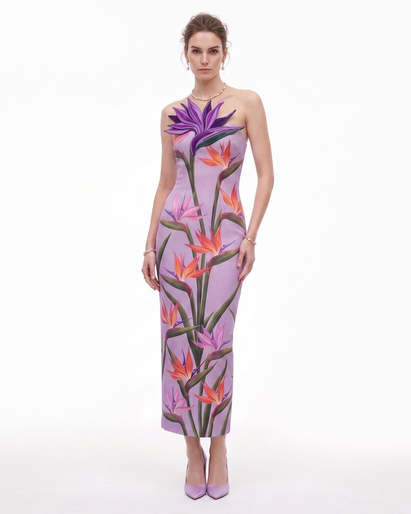 Bird of Paradise Appliqué Strapless Column Midi Dress -Lavender
