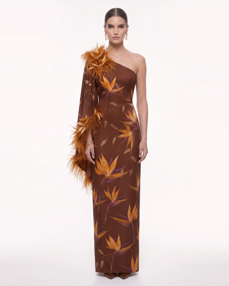Bird of Paradise Feather-Trim One-Shoulder Maxi Dress - Brown