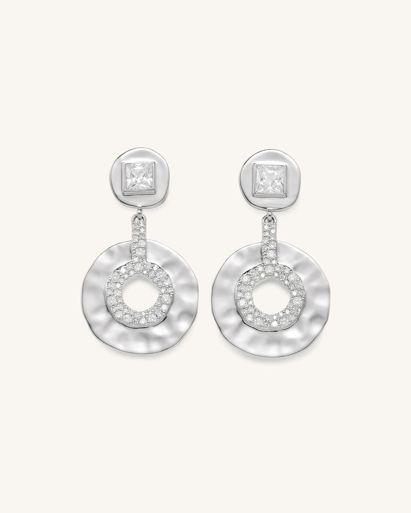 Geometrical Openwork Small Round Earrings - 18ct White Gold Plated & White Zircon