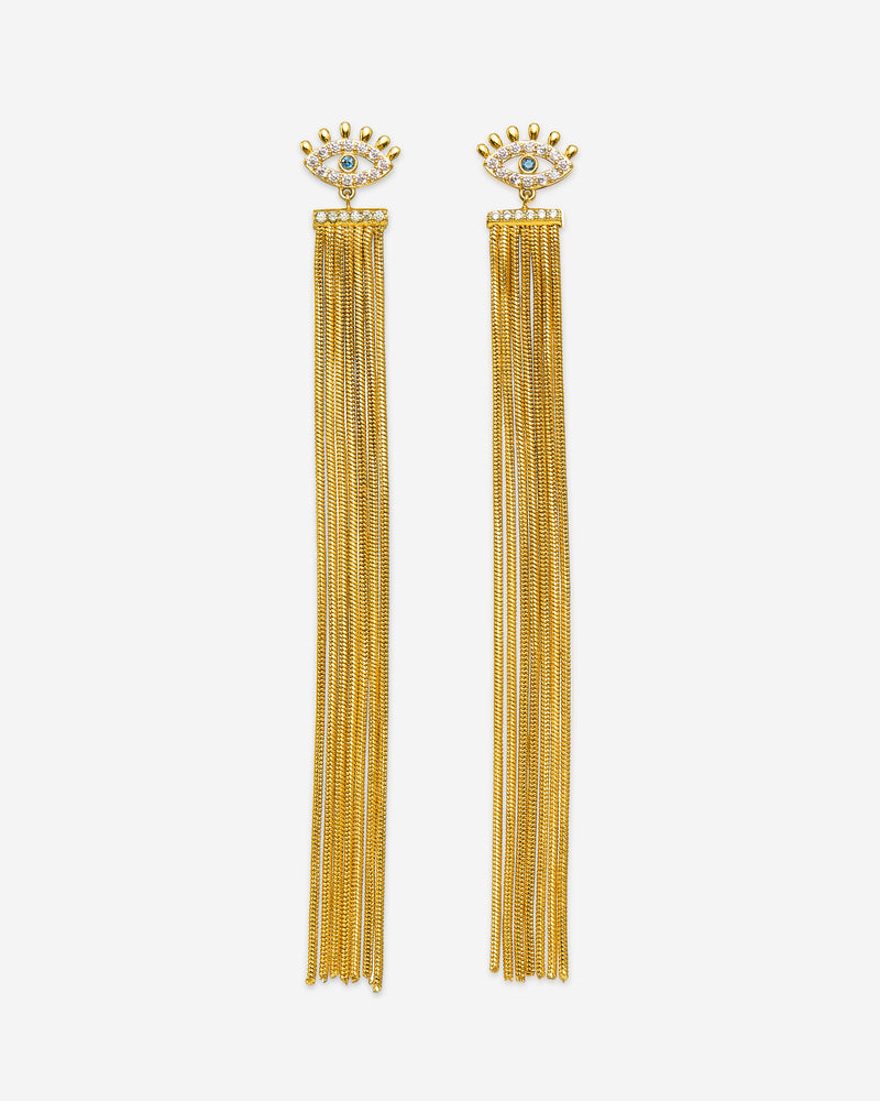 Magic Eye Tassel Earrings - 18ct Gold Plated & White Zircon & Sea Blue Zircon